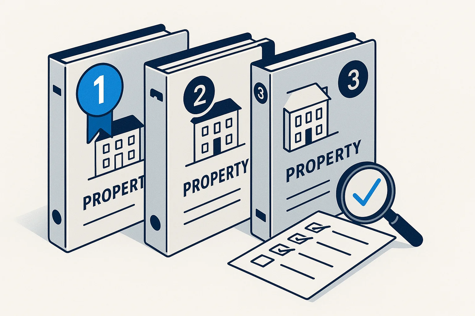 Three numbered property reports beside an evaluation checklist with a magnifying glass — illustration of how we rank cost segregation providers